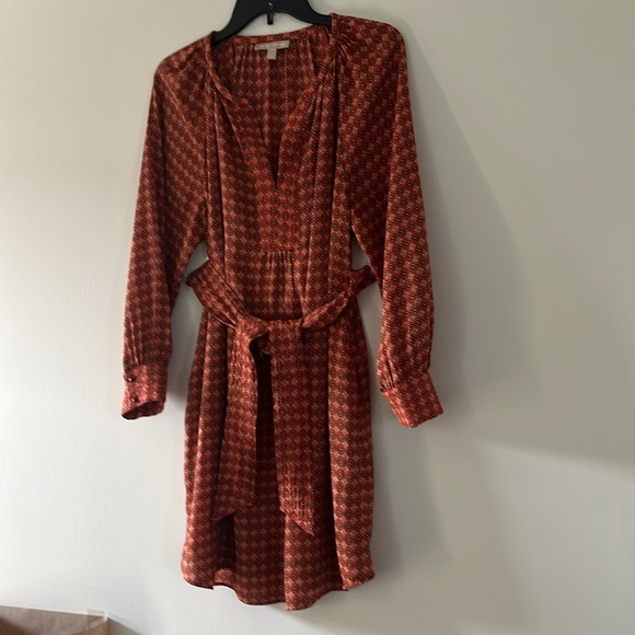 BANANA REPUBLIC Long Sleeve Belted Mini Dress Printed Rust Orange 14P - Picture 10 of 16